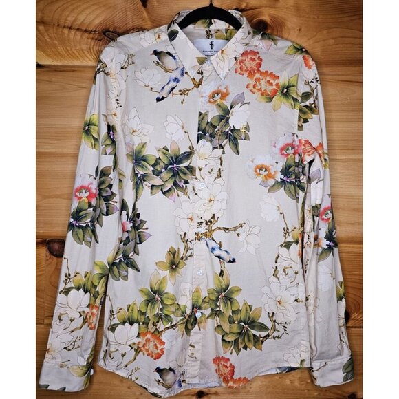 Father & Son Size Medium Stretch Slim Fit White Orange Floral & Bluebird Design - Picture 3 of 12